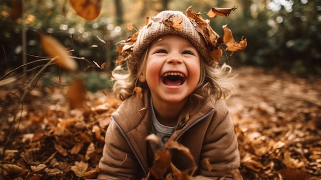 Un enfant jouant dans les feuilles