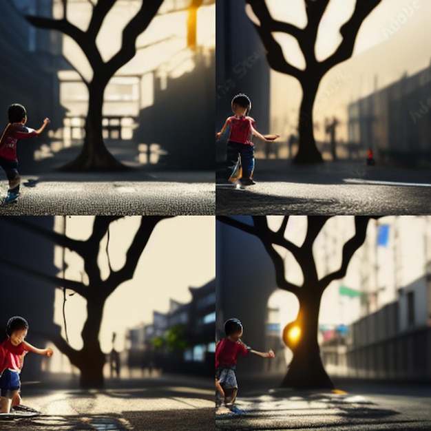 Photo un enfant jouant dans la rue taïwan la lumière du soleil à travers un grand arbre 3d rendre la photo réaliste irréel