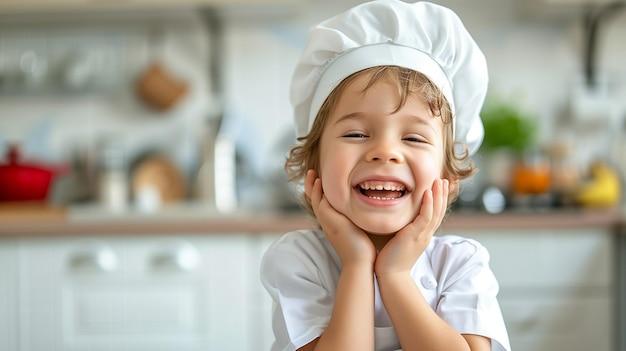 un enfant jouant avec la pâte dans la cuisine déguisé en chef un enfant cuisinant un gâteau