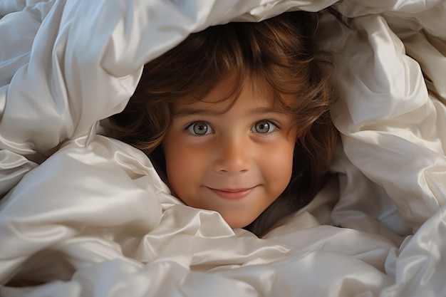 Enfant jouant sous une couverture sur un lit blanc