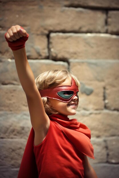 L'enfant joue au super-héros. L'enfant mesure la croissance sur le fond de la force de la fille murale.