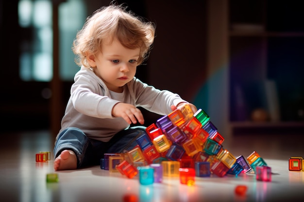Un enfant joue avec des cubes colorés Éducation du bébé