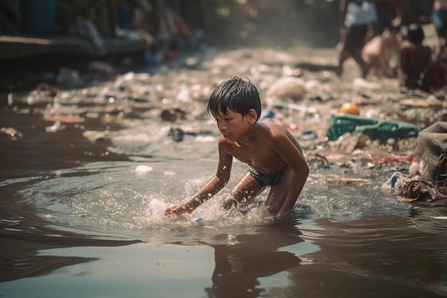 L'enfant joue dans l'eau polluée avec des ordures génératives ai