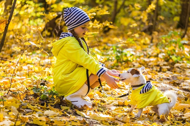 L'enfant joue avec Jack Russell Terrier dans la forêt d'automne