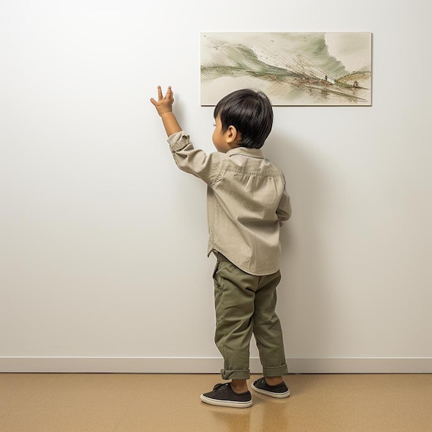 Un enfant joue avec une peinture sur un mur.