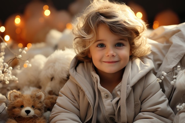 Un enfant avec des jouets en peluche et des lumières chaudes