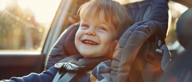 Un enfant joyeux attaché à un siège d'auto partage un rire contagieux lors d'un voyage lumineux