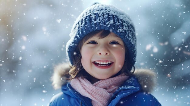 Photo un enfant joyeux attrape des flocons de neige avec sa langue en gros plan marchant pendant une chute de neige