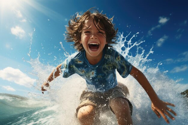 Un enfant joyeux aux cheveux ébouriffés riant de tout cœur en jouant dans les vagues étincelantes de l'océan sous un ciel bleu clair