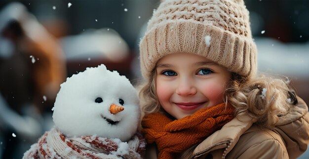 Un enfant joyeux avec un bonhomme de neige festif généré par l'IA