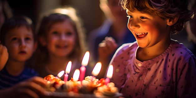 Enfant joyeux célébrant son anniversaire avec un gâteau et des bougies, atmosphère chaleureuse et joyeuse, souvenirs d'enfance intemporels AI
