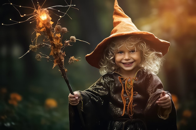 Enfant joyeux dans un costume de magicien tenant un bâton magique