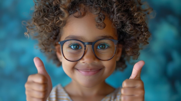 Photo un enfant joyeux dans des lunettes donne le pouce en l'air