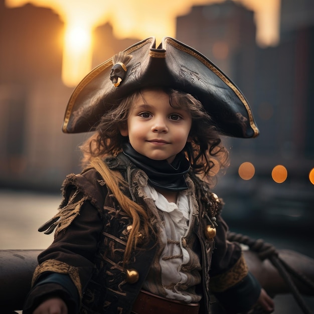 Un enfant joyeux enfile un costume de pirate pour un Halloween effrayant à New York