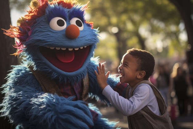 Un enfant joyeux interagissant avec une mascotte en costume