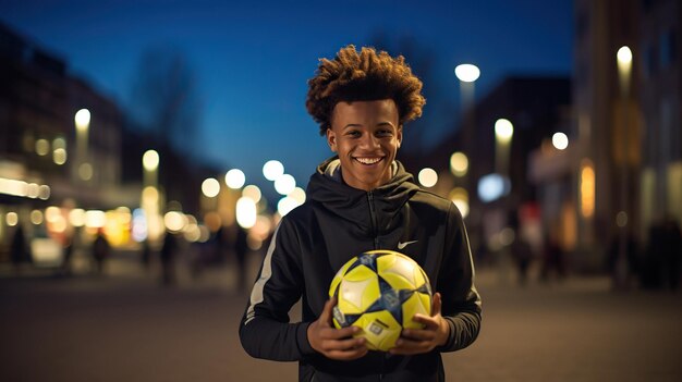 Photo un enfant joyeux jouant au football à l'extérieur sous la lumière du soir.