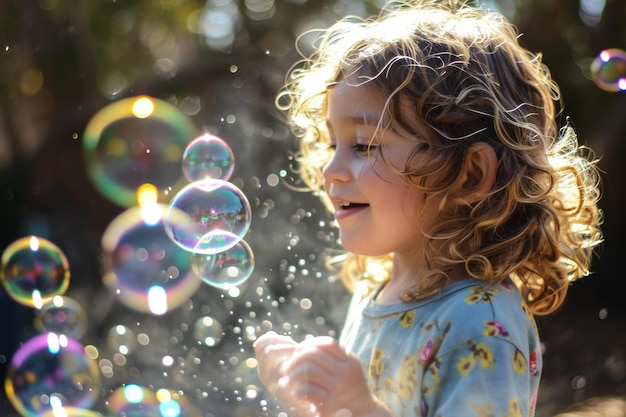 Un enfant joyeux jouant avec des bulles de savon dans un parc ensoleillé capturant l'innocence et le bonheur