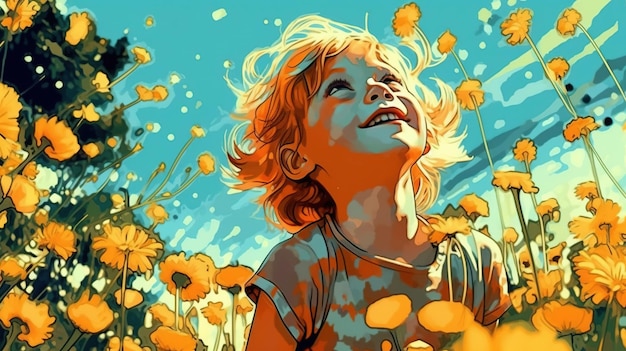 Un enfant joyeux jouant dans un champ de fleurs Concept fantastique Peinture d'illustration