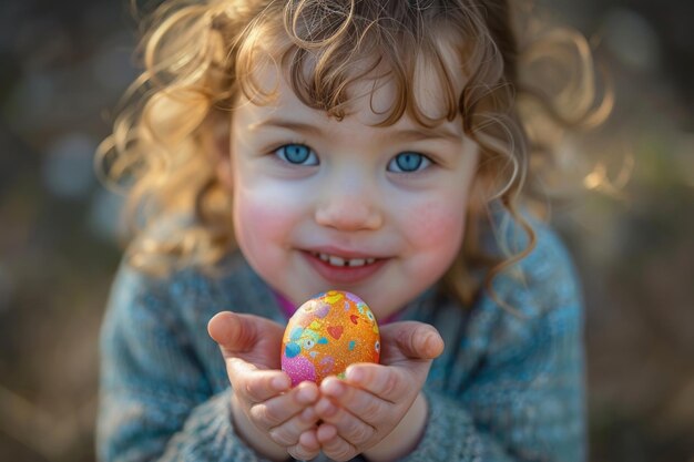 Un enfant joyeux avec un œuf de Pâques coloré