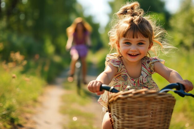 Un enfant joyeux qui fait du vélo avec sa mère dans le parc.