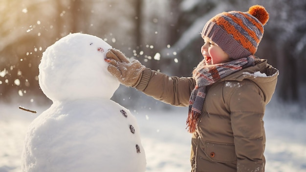 Enfant joyeux en tenue d'hiver serrant un bonhomme de neige fraîchement fabriqué dans un décor de forêt enneigée