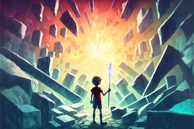 Enfant avec une lance debout dans une grotte pleine de nombreux blocs de pierre futuriste illustration de style d'art numérique peinture concept fantastique d'un enfant avec une lance