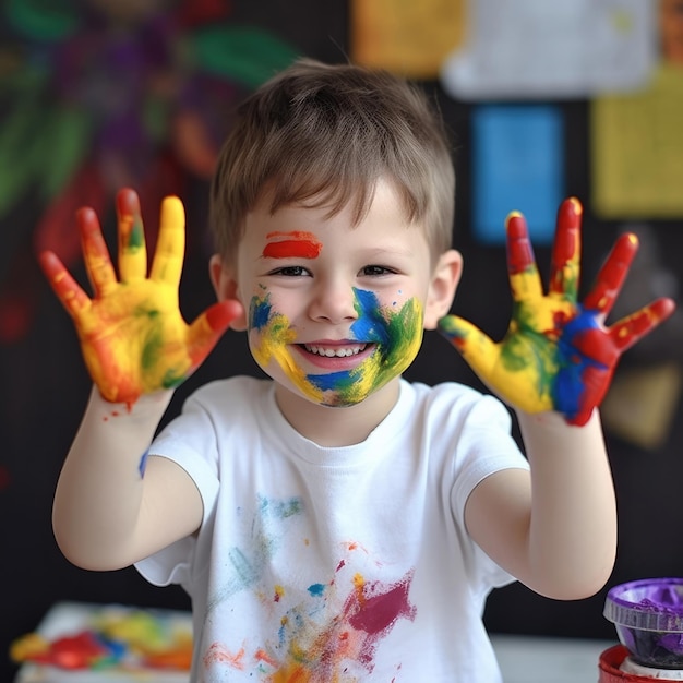 L'enfant lève ses mains peintes