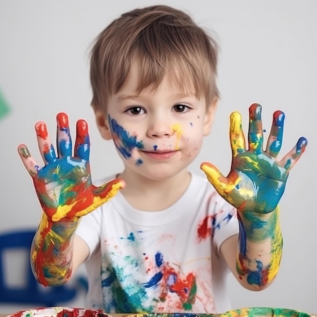 L'enfant lève ses mains peintes