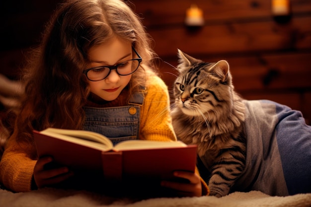 Un enfant lisant un livre de contes avec un chat assis à côté d'elle