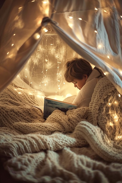 Un enfant lisant un livre de contes sous une tente de fortune