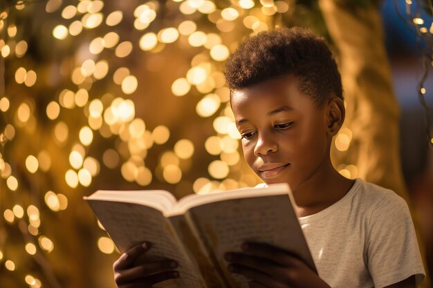 Photo enfant lisant un livre avec des lumières bokeh chaudesxa