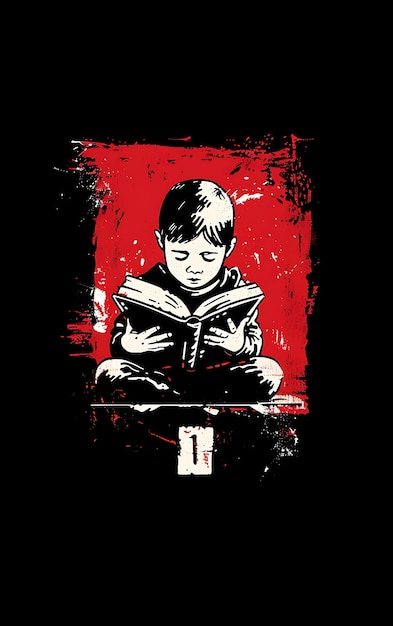 un enfant lisant un livre en rouge et noir