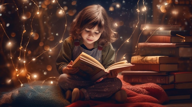 Un enfant lit un livre devant une guirlande lumineuse