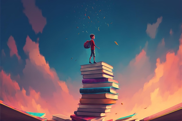 Enfant sur le livre magique Garçon debout sur le livre ouvert et regardant d'autres livres flottant dans l'air Peinture d'illustration de style d'art numérique