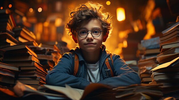 Un enfant avec des lunettes assis avec une pile de livres.