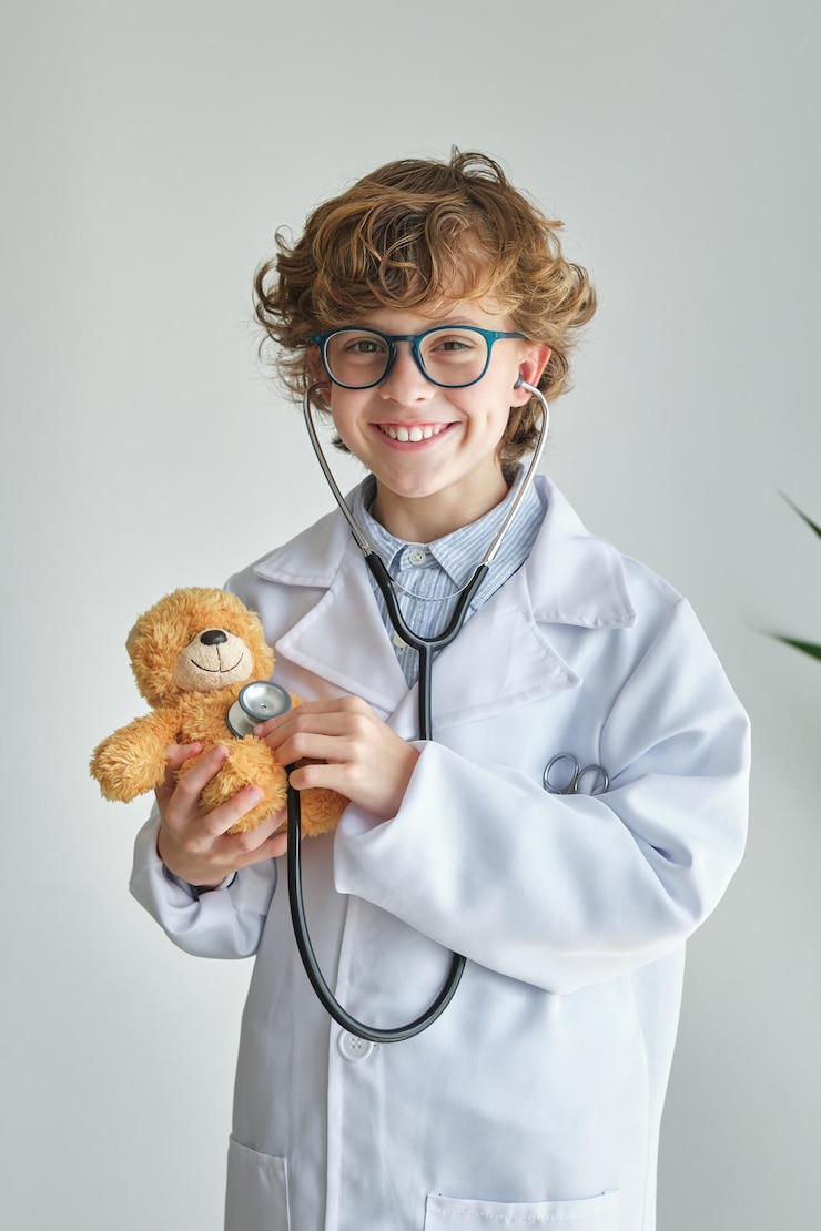 Photo un enfant en lunettes et en peignoir médical vérifie un ours mou avec un stéthoscope tout en regardant la caméra sur fond blanc