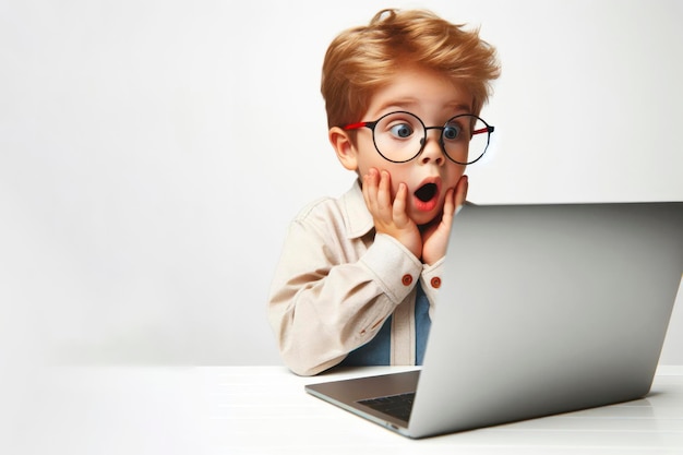 Un enfant avec des lunettes et un regard surpris sur son visage regarde un ordinateur portable sur un fond blanc espace de copie