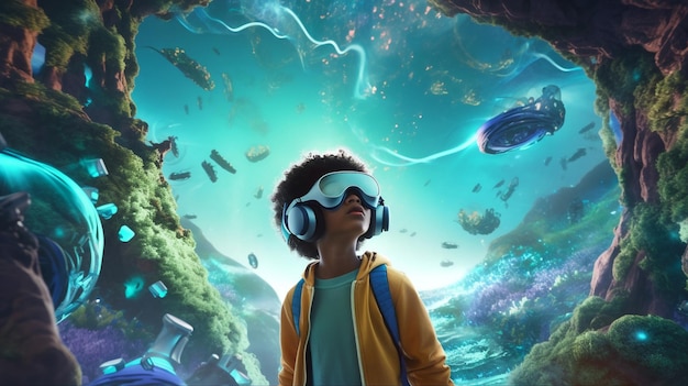 Un enfant avec des lunettes VR dans un monde de jeu imaginatif fantastique généré par Ai