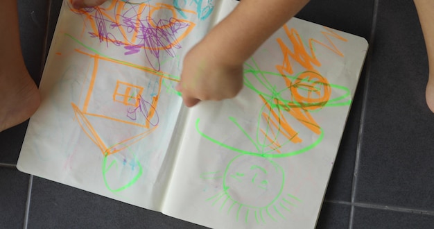 Enfant mains dessine un marqueur de couleur sur le papier en position couchée sur la vue de dessus du sol