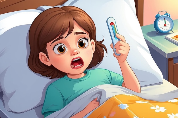 Photo une enfant malade allongée dans un lit avec un thermomètre dans la bouche et se sentant si mal avec une illustration de dessin animé vecteur de fièvre
