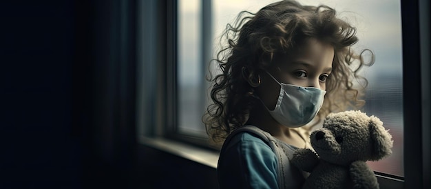 Enfant malade avec masque de protection regardant tristement par la fenêtre