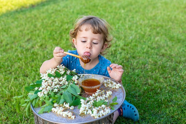 L'enfant mange du miel dans le jardin Mise au point sélective