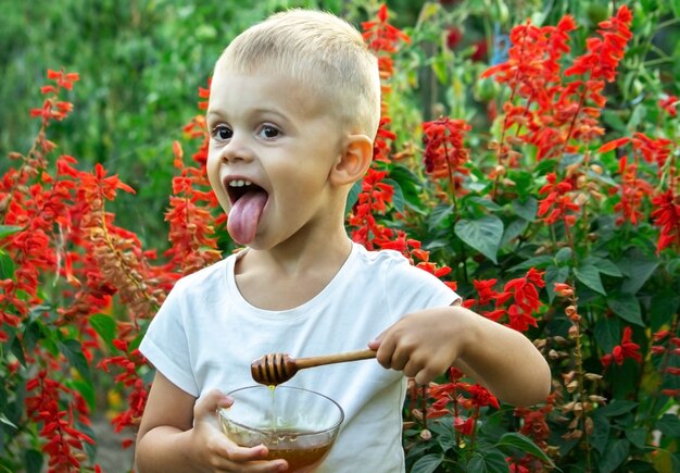 L'enfant mange du miel dans le jardin.