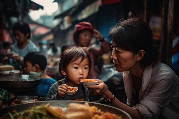 Un enfant mange de la nourriture dans un plateau avec une femme masquée.