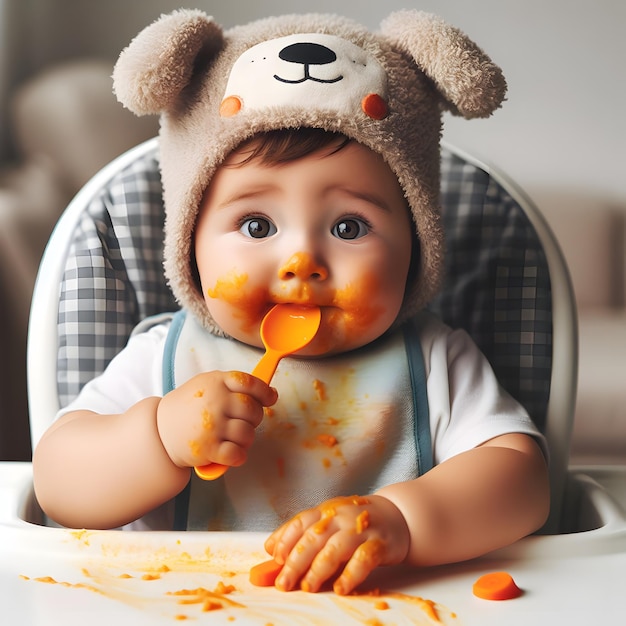 l'enfant mange de la purée Bébé et la première alimentation