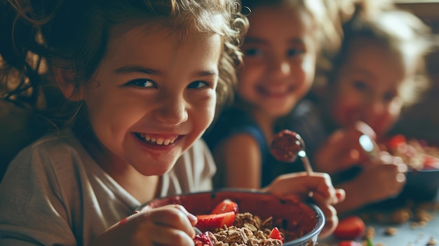 Un enfant mangeant de l'acai dans un bol avec du granola croustillant et des fruits frais s'amusant