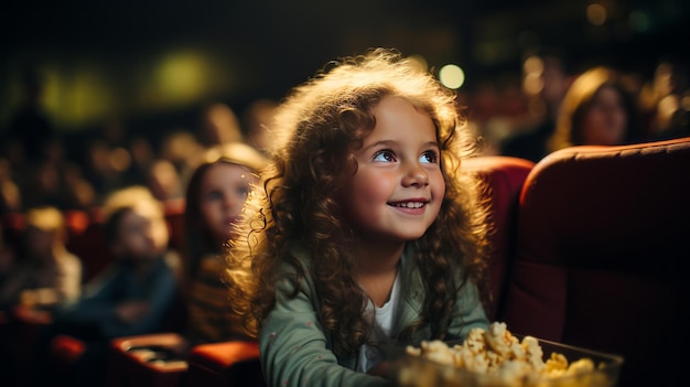 Une enfant mangeant du pop-corn dans une salle de cinéma, assise et mangeant du Pop-corn généré par l'IA.