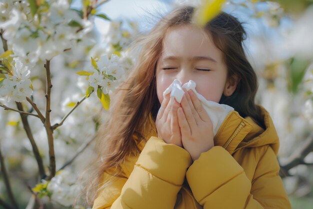 Photo un enfant en manteau jaune éternuant parmi les fleurs blanches du printemps