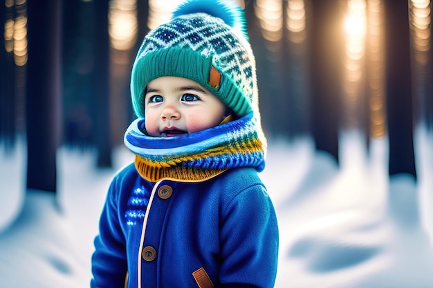 Enfant marchant dans une forêt d'épicéas enneigée Petit garçon s'amusant dehors dans la nature hivernale