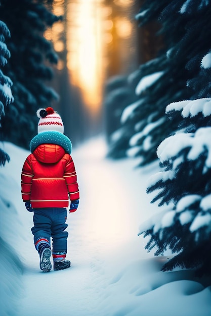 Enfant marchant dans une forêt de pins enneigés Petit garçon s'amusant dehors dans la nature hivernale